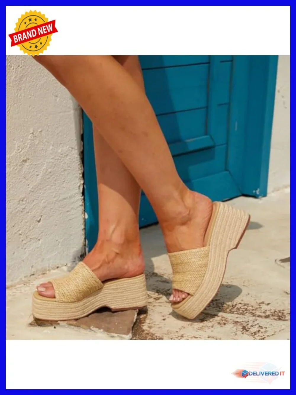 Platform Slip On Espadrille Sandals Wedge Heel Ankle Strap Jute PU Leather